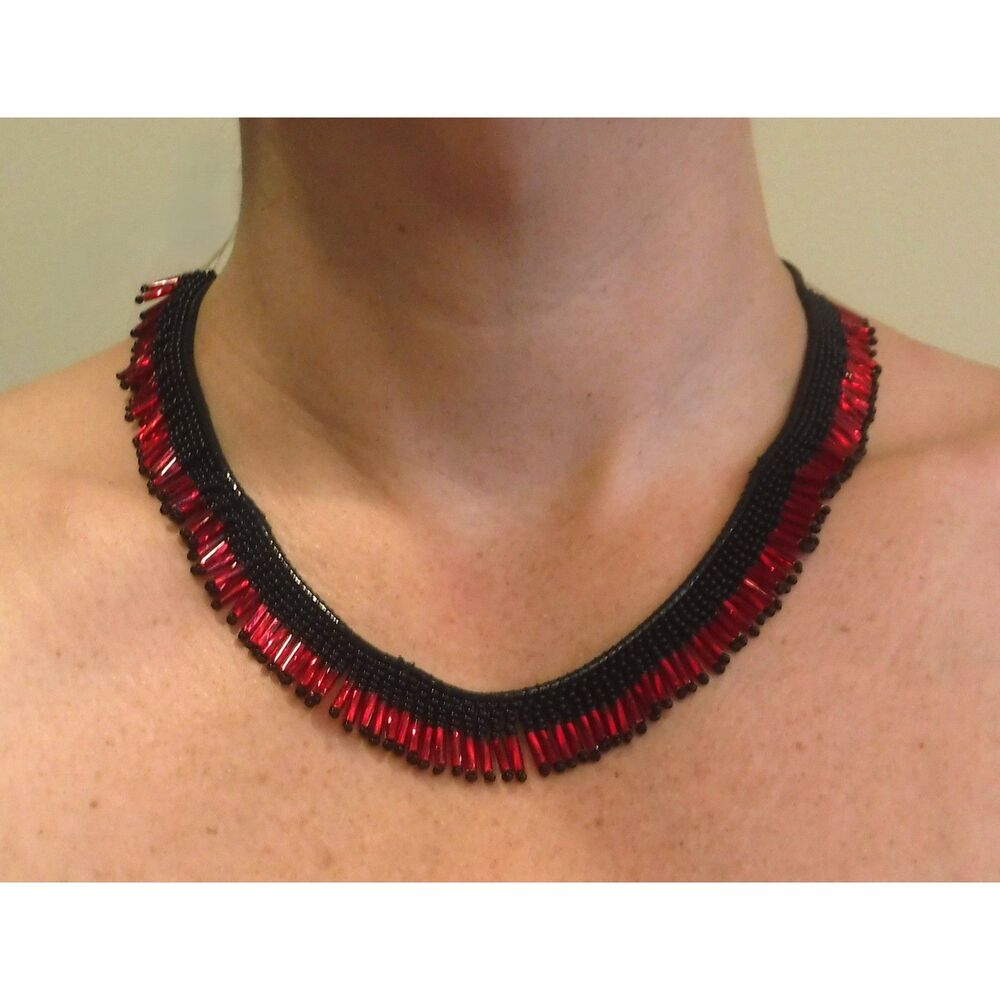 Beaded Necklace Red & Black Leather Cord
